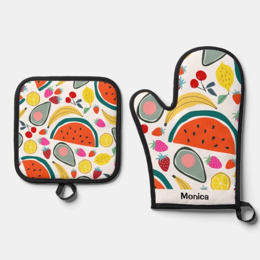 Aangepaste naam Mooie fruit achtergrond Ovenwant & Pannenlap Set (Voorkant)