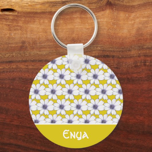 Aangepaste naam Mosterdbloempatroon Button Kerncod Sleutelhanger (Voorkant)
