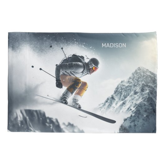Aangepaste naam Mountain Skier Kussensloop (Achterkant)