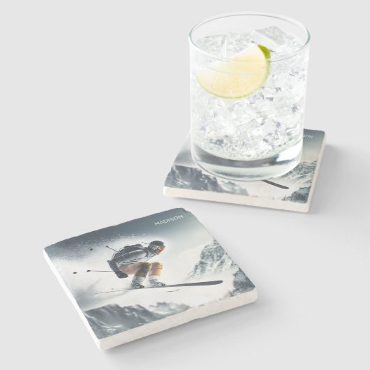 Aangepaste naam Mountain Skier Stenen Onderzetter (Zijkant)