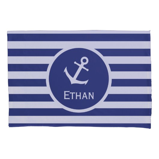Aangepaste naam Nautical Blue en White Striped Kussensloop (Voorkant)