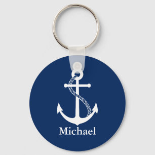 Aangepaste naam Nautical Navy Blue met witte anker Sleutelhanger