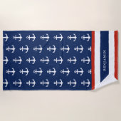 Aangepaste naam Nautical Navy Blue White Anchor Strandlaken (Voorkant)