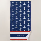 Aangepaste naam Nautical Navy Blue White Anchor Strandlaken (Voorkant)