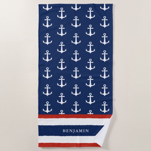 Aangepaste naam Nautical Navy Blue White Anchor Strandlaken (Voorkant)