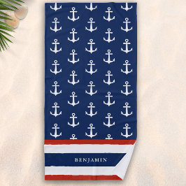 Aangepaste naam Nautical Navy Blue White Anchor Strandlaken