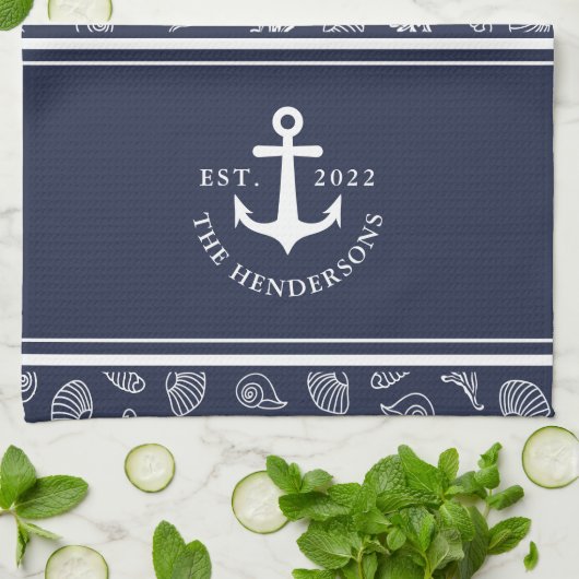 Aangepaste naam Nautical Navy Blue White Anchor Theedoek (Gevouwen)