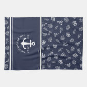 Aangepaste naam Nautical Navy Blue White Anchor Theedoek (Horizontaal)