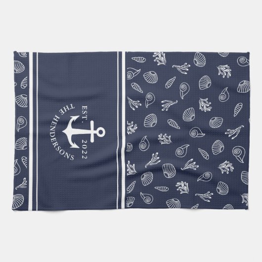 Aangepaste naam Nautical Navy Blue White Anchor Theedoek (Horizontaal)