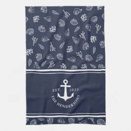 Aangepaste naam Nautical Navy Blue White Anchor Theedoek