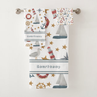 Aangepaste naam Nautical Ocean Sailboat Bad Handdoek