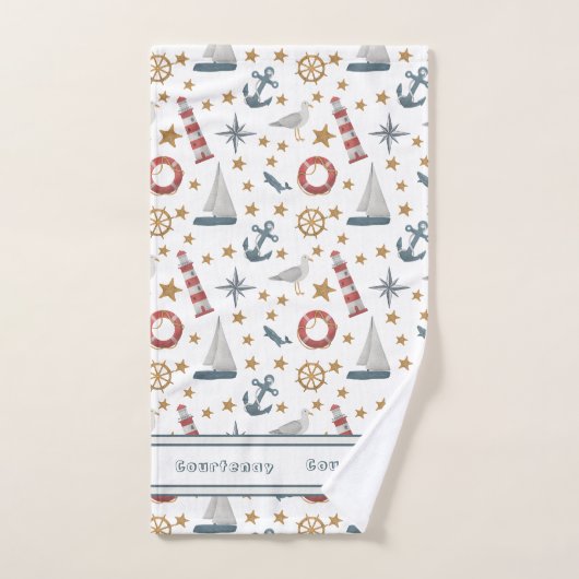 Aangepaste naam Nautical Ocean Sailboat Bad Handdoek (Handdoek)