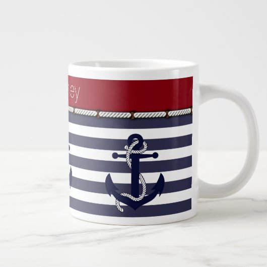 Aangepaste Naam Nautische Ankers Stripes Patroon Grote Koffiekop (Rechts)