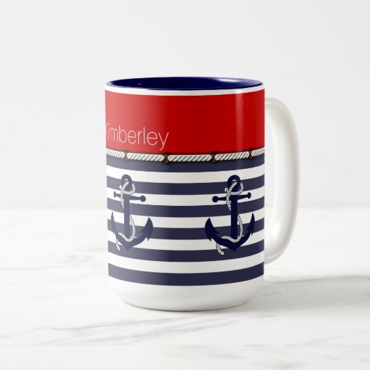 Aangepaste Naam Nautische Ankers Stripes Patroon Tweekleurige Koffiemok (Voorkant rechts)