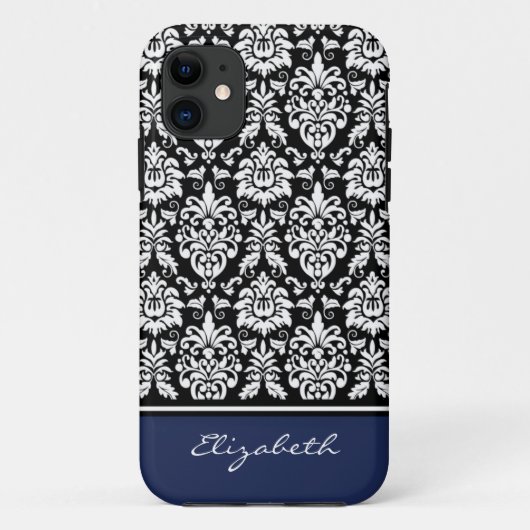 Aangepaste naam Navy Black White Damask Case-Mate iPhone Case (Achterkant)