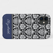 Aangepaste naam Navy Black White Damask Case-Mate iPhone Case (Achterkant (horizontaal))