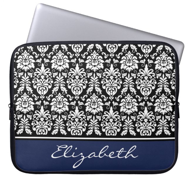Aangepaste naam Navy Black White Damask Laptop Sleeve (Voorkant)
