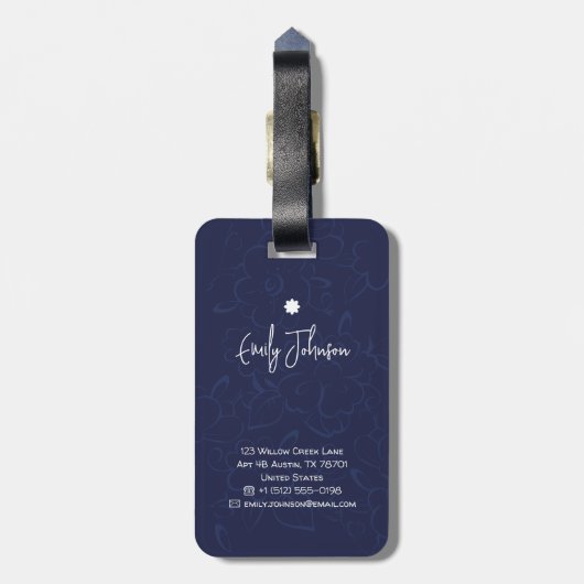 Aangepaste naam Navy Blue Bloem Abstract Script Na Bagagelabel (Achterkant verticaal)