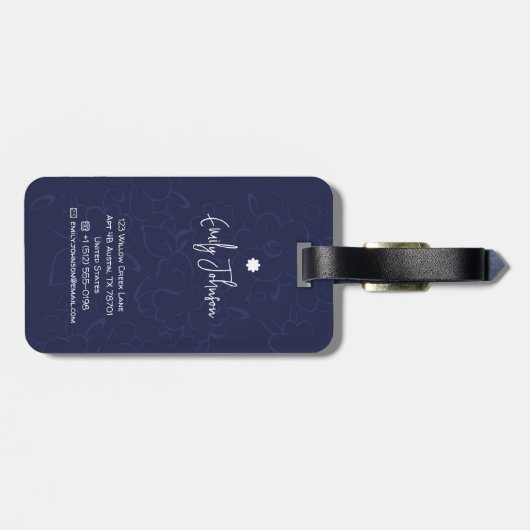 Aangepaste naam Navy Blue Bloem Abstract Script Na Bagagelabel (Achterkant horizontaal)
