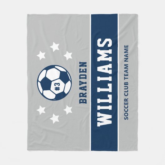 Aangepaste naam Navy Blue en Grey Soccer Player Fleece Deken (Voorkant)