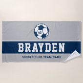 Aangepaste naam Navy Blue en Grey Soccer Player Strandlaken (Voorkant)