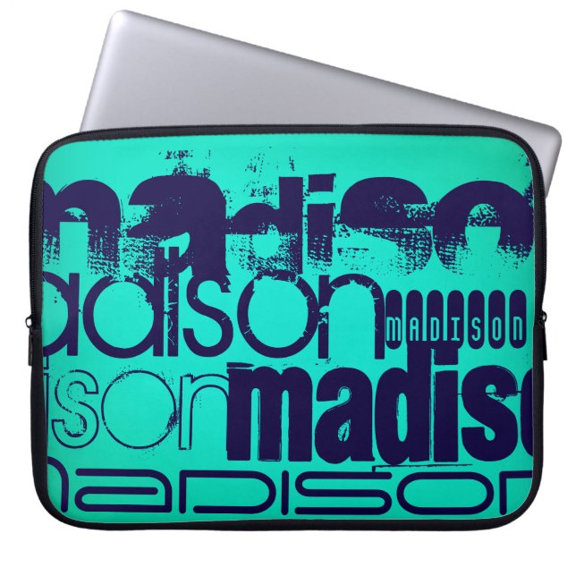 Aangepaste naam; Navy Blue en Neon Aqua Turquoise Laptop Sleeve (Voorkant)