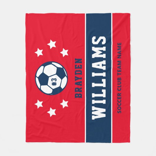 Aangepaste naam Navy Blue en Red Soccer Player Fleece Deken (Voorkant)