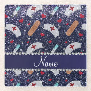 Aangepaste naam navy blue glitter verpleegster pet glazen onderzetter