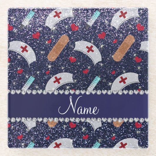 Aangepaste naam navy blue glitter verpleegster pet glazen onderzetter (Voorkant)