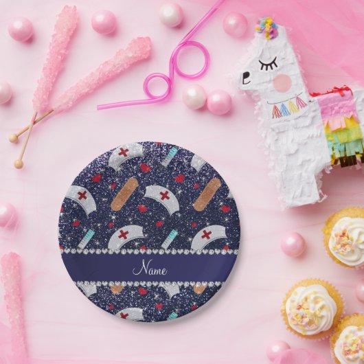 Aangepaste naam navy blue glitter verpleegster pet papieren bordje (Feest)