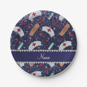 Aangepaste naam navy blue glitter verpleegster pet papieren bordje