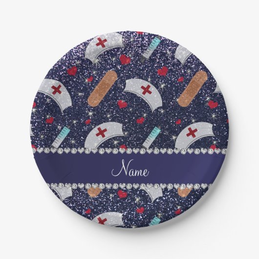 Aangepaste naam navy blue glitter verpleegster pet papieren bordje (Voorkant)