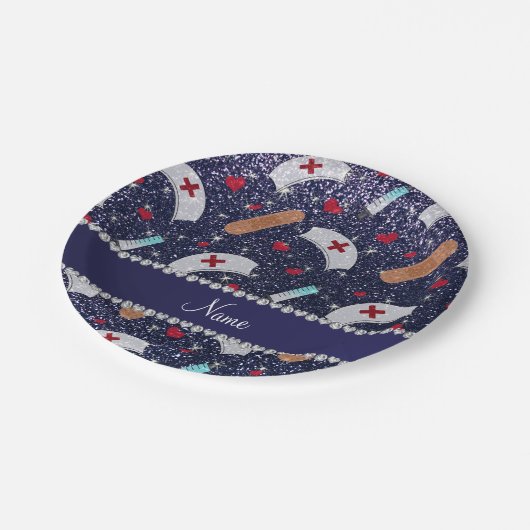 Aangepaste naam navy blue glitter verpleegster pet papieren bordje (Gekanteld)