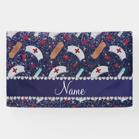 Aangepaste naam navy blue glitter verpleegster pet spandoek (Horizontaal)