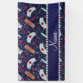 Aangepaste naam navy blue glitter verpleegster pet spandoek (Verticaal)