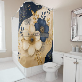 Aangepaste naam Navy Blue & Goud Botanisch Bloemmo Douchegordijn