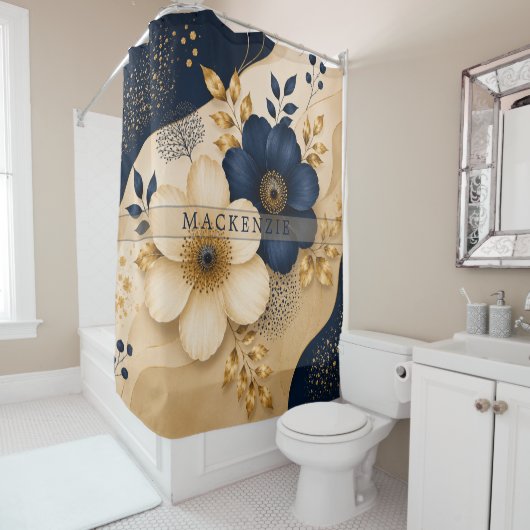 Aangepaste naam Navy Blue & Goud Botanisch Bloemmo Douchegordijn (In situ)