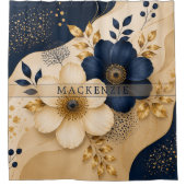 Aangepaste naam Navy Blue & Goud Botanisch Bloemmo Douchegordijn (Voorkant)