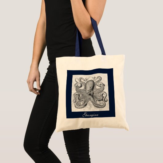 Aangepaste naam Navy Blue & Grey Ocean Octopus Tote Bag (Voorkant (product))