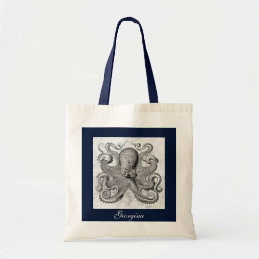 Aangepaste naam Navy Blue & Grey  Ocean Octopus Tote Bag (Voorkant)