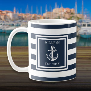 Aangepaste naam Navy Blue Stripe Nautical Anchor Koffiemok
