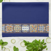 Aangepaste Naam Navy Blue & Yellow Mediterranean T Theedoek (Gevouwen)