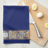 Aangepaste Naam Navy Blue & Yellow Mediterranean T Theedoek (Quarter Fold)