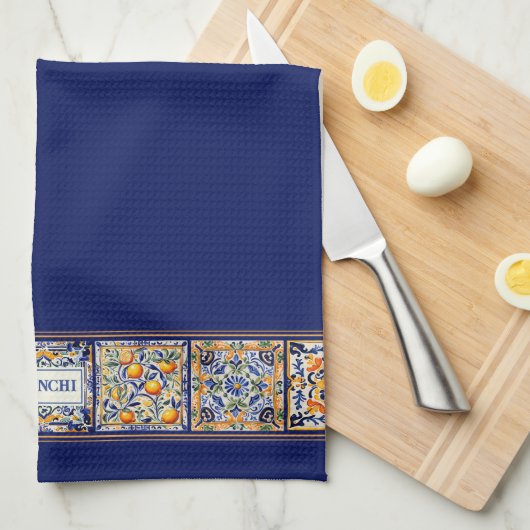Aangepaste Naam Navy Blue & Yellow Mediterranean T Theedoek (Quarter Fold)