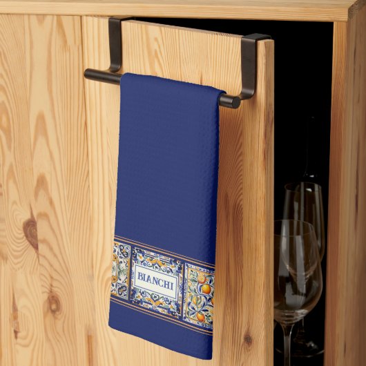 Aangepaste Naam Navy Blue & Yellow Mediterranean T Theedoek (Derde Gevouwen)