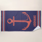 Aangepaste naam Navy en Rusty Oranje Anchor Strandlaken (Voorkant)
