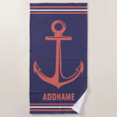 Aangepaste naam Navy en Rusty Oranje Anchor Strandlaken (Voorkant)