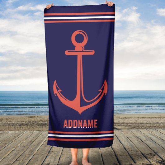 Aangepaste naam Navy en Rusty Oranje Anchor Strandlaken
