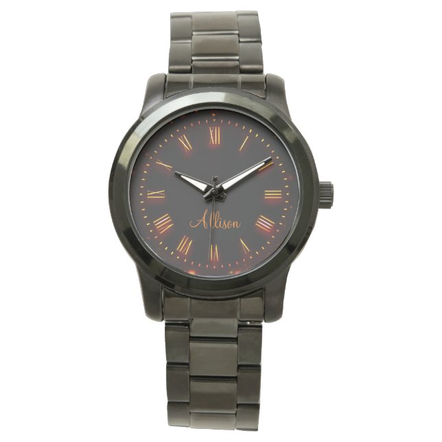 Aangepaste naam Neon Black Classic Elegant Roman Horloge (Voorkant)