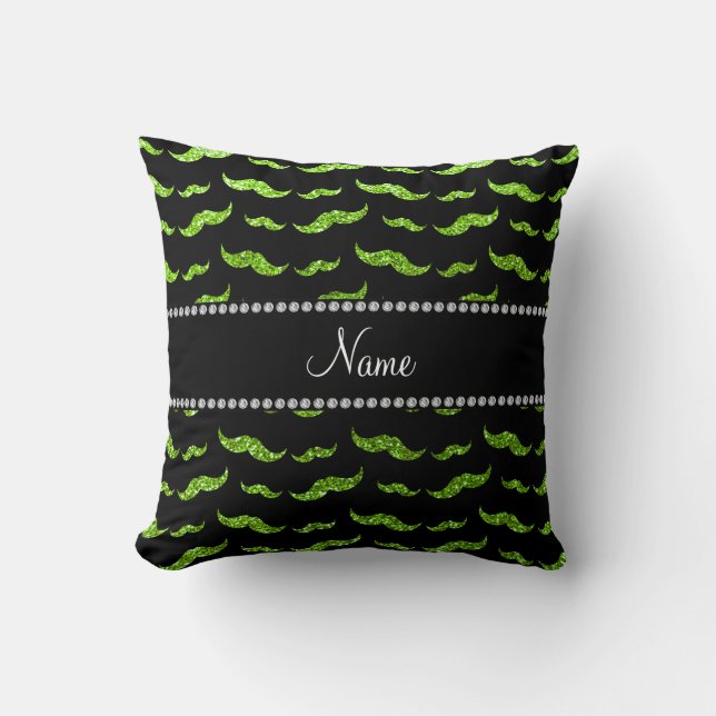 Aangepaste naam neon green glitter mustaches kussen (Voorkant)